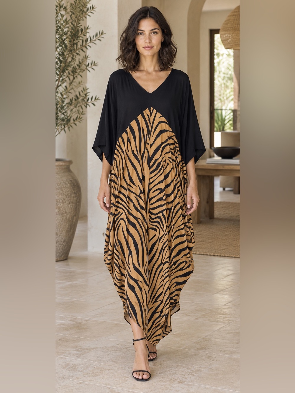 Black & Tan Zebra-Print Maxi Dress with V-Back